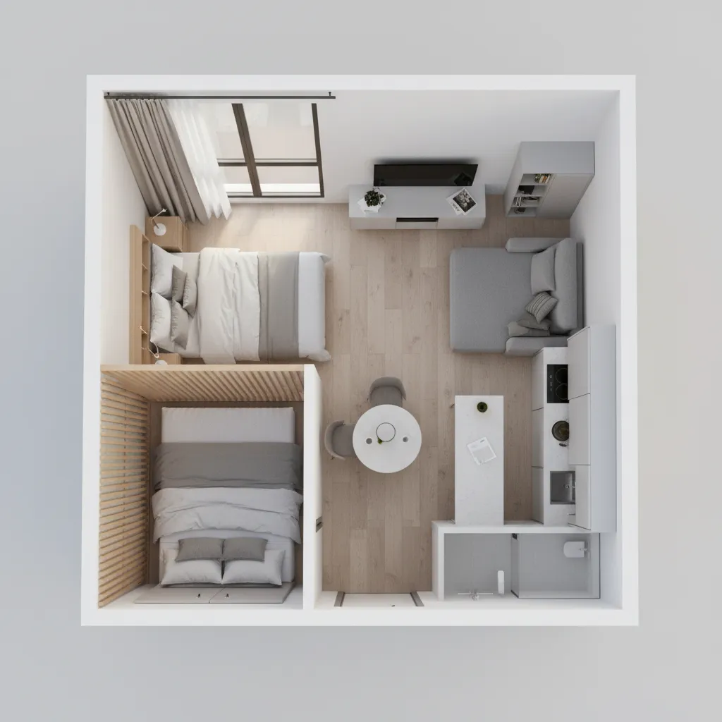 convertible micro apartment layout showing sleeping alcove separated from living area