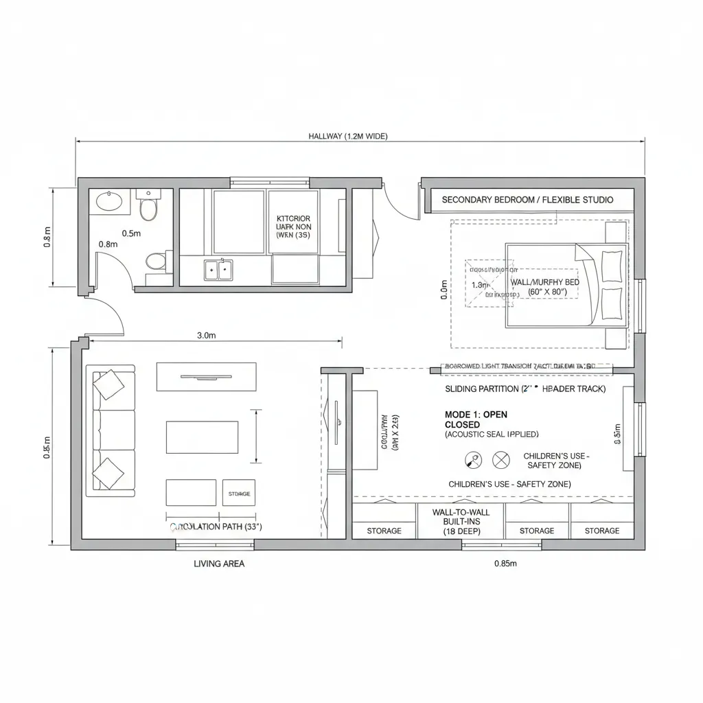 Top-down plan of a flexible second bedroom with sliding partition