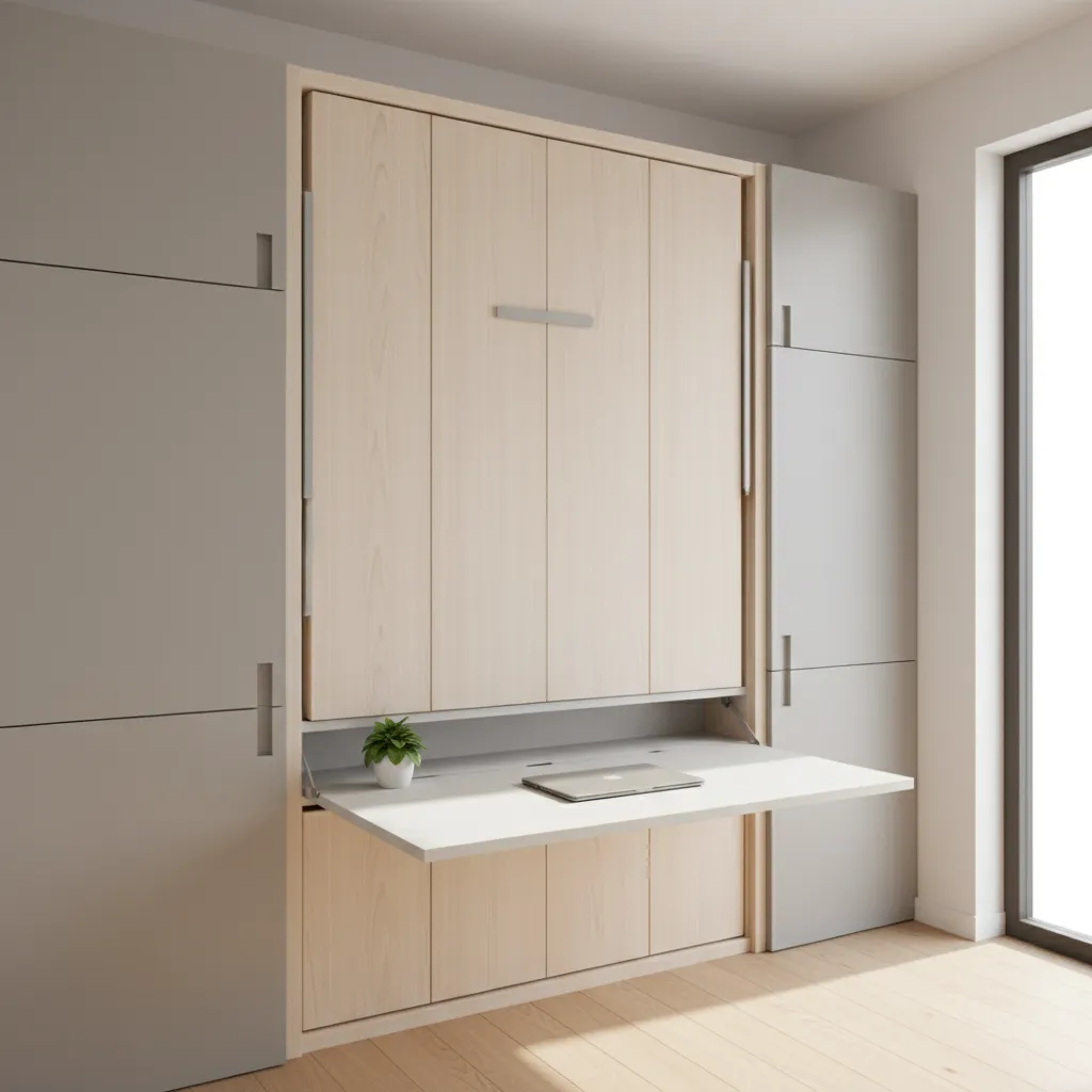 Convertible furniture system with fold down desk and murphy bed in tiny apartment