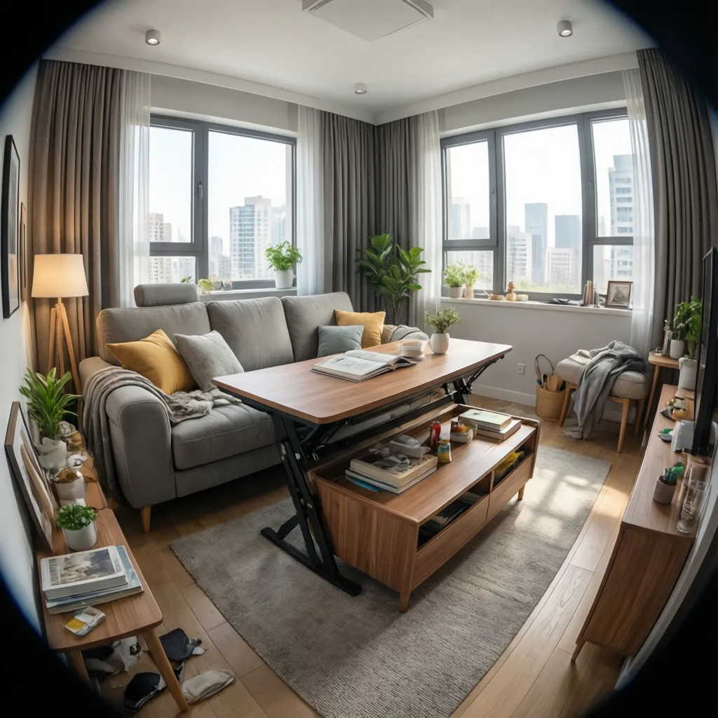 Convertible sofa bed and lift-top coffee table in small apartment