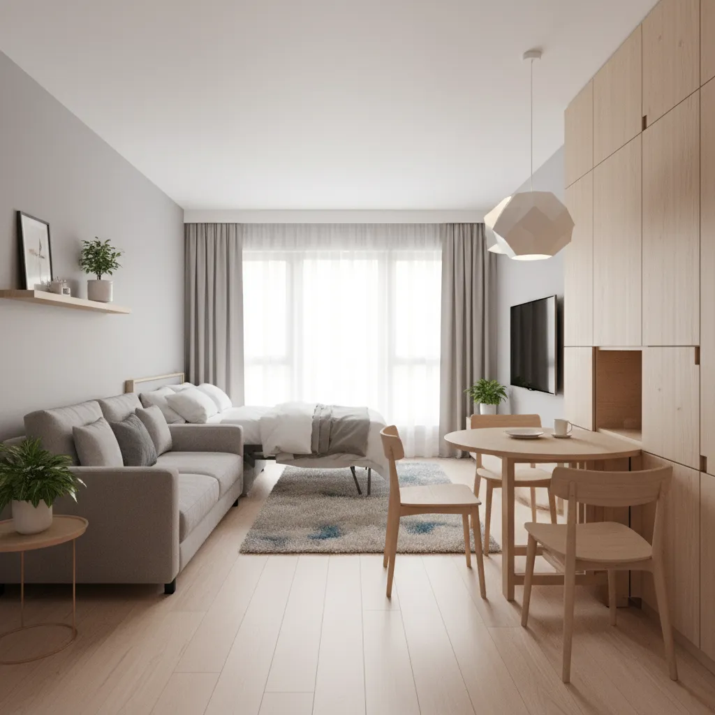 Convertible sofa bed and folding table in small studio apartment