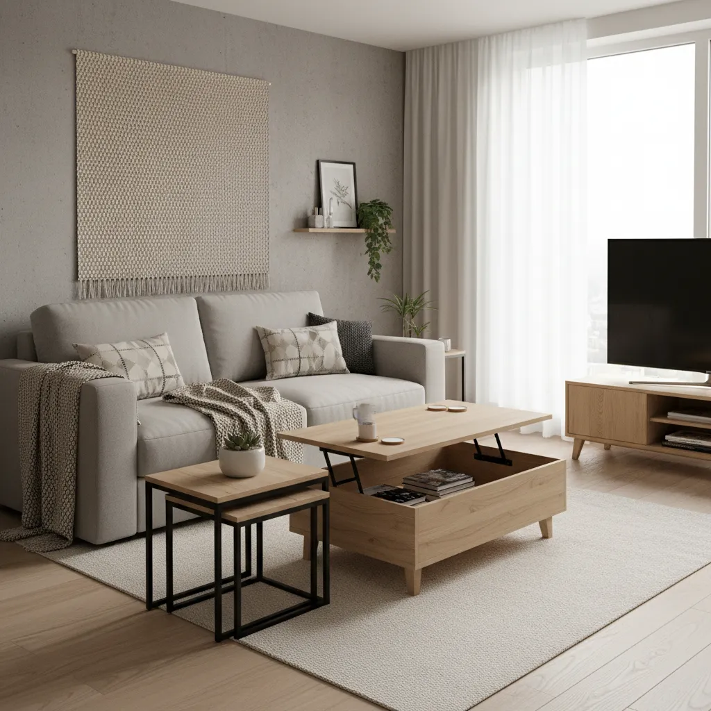 Convertible sofa bed and storage coffee table in a compact living room