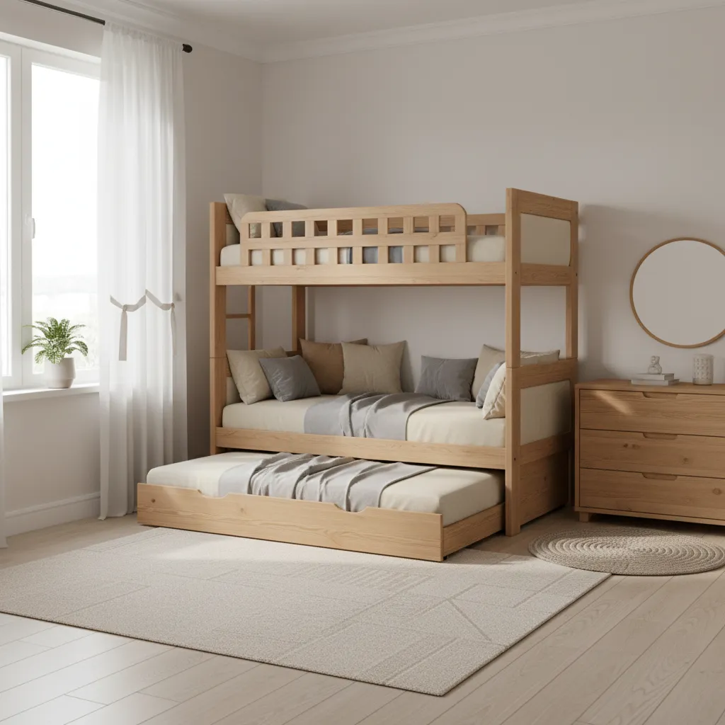 Convertible bunk bed and trundle setup designed for growing children