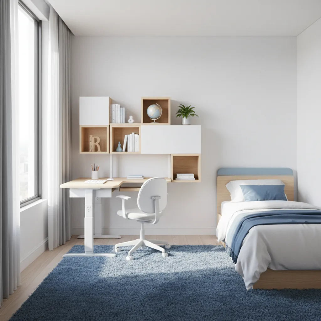 Convertible children's furniture including adjustable desk and modular shelving