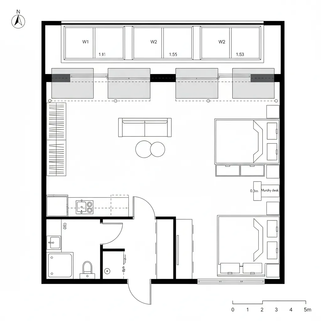 2D CAD top-down plan of a studio with sliding panels creating living and sleep zones