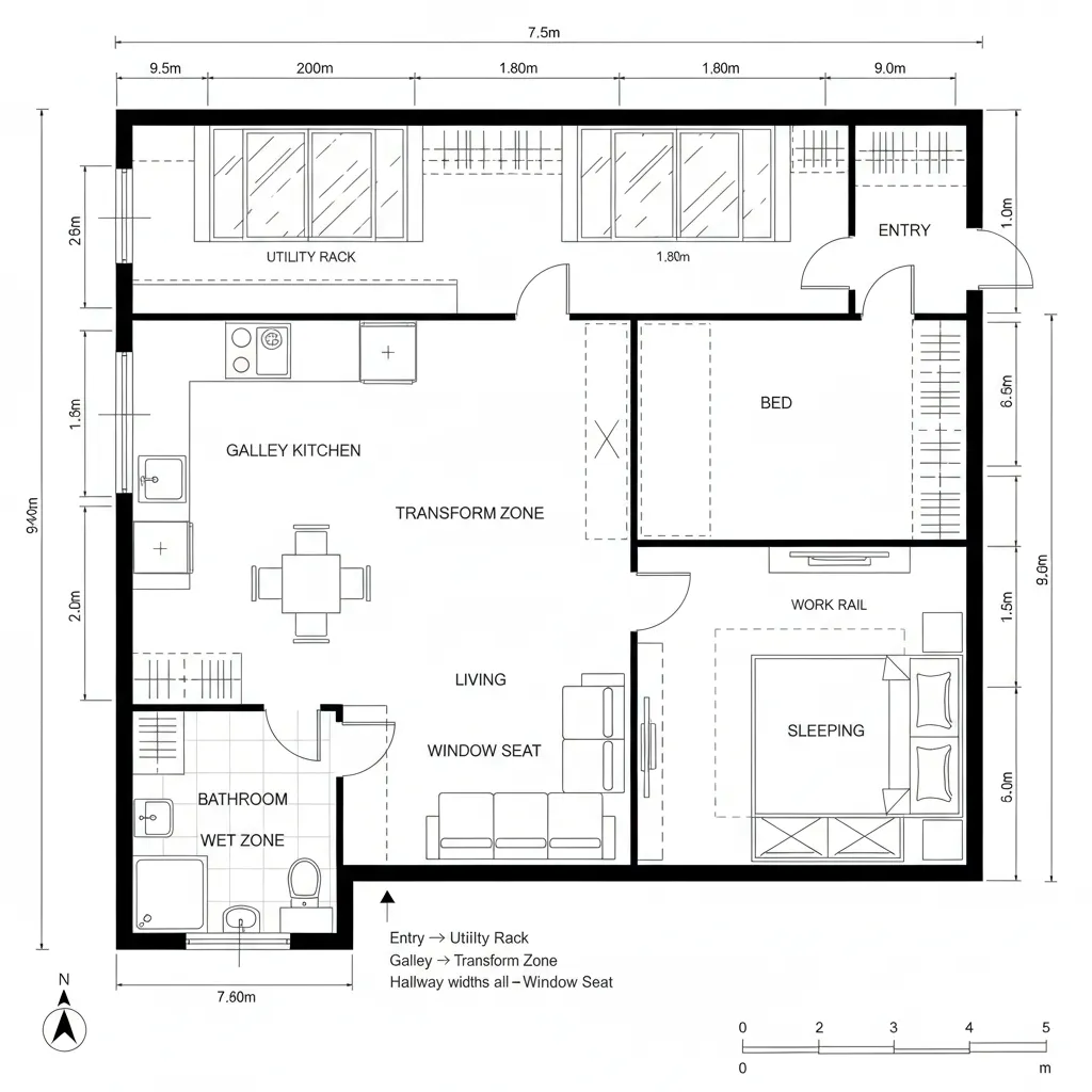 Interior design drawing of studio apartment layout showing kitchen living area bedroom bathroom and storage