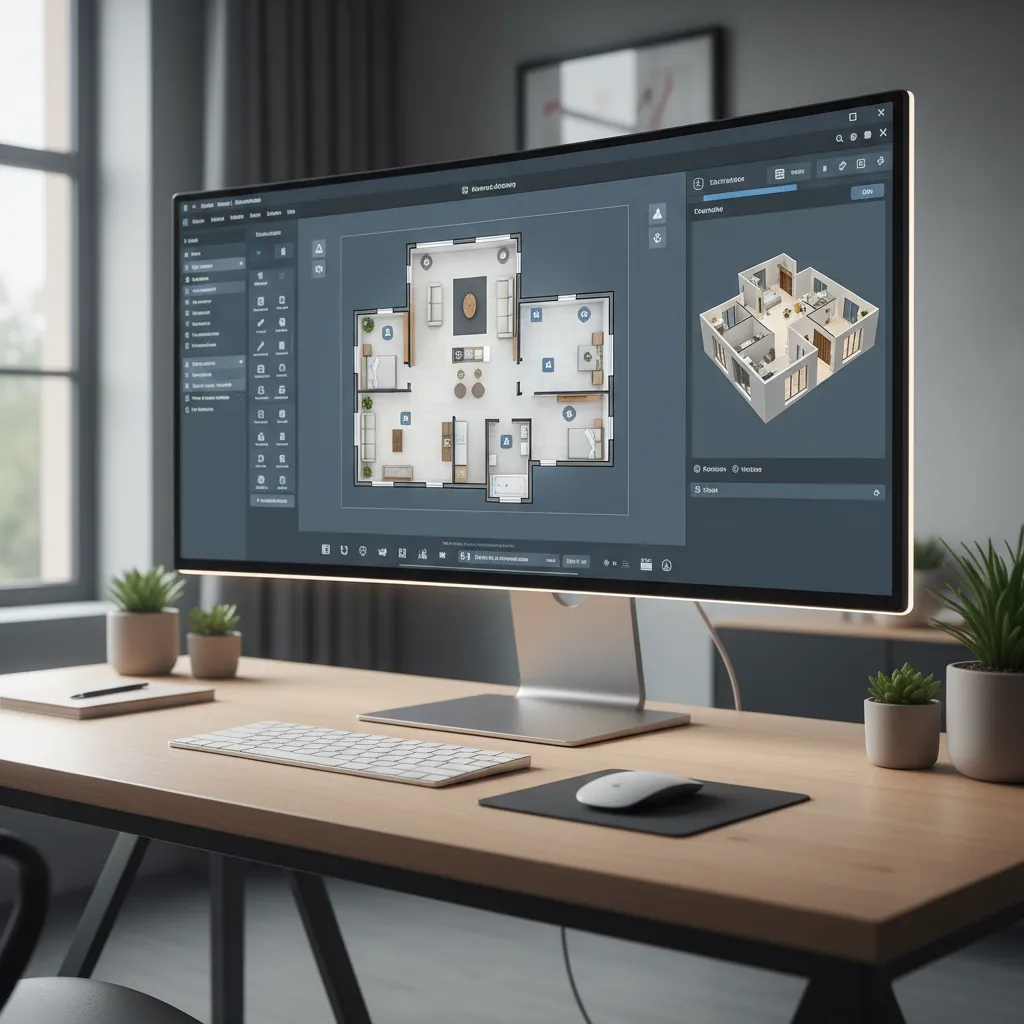 Coohom floor plan design interface showing a house layout and 3D preview