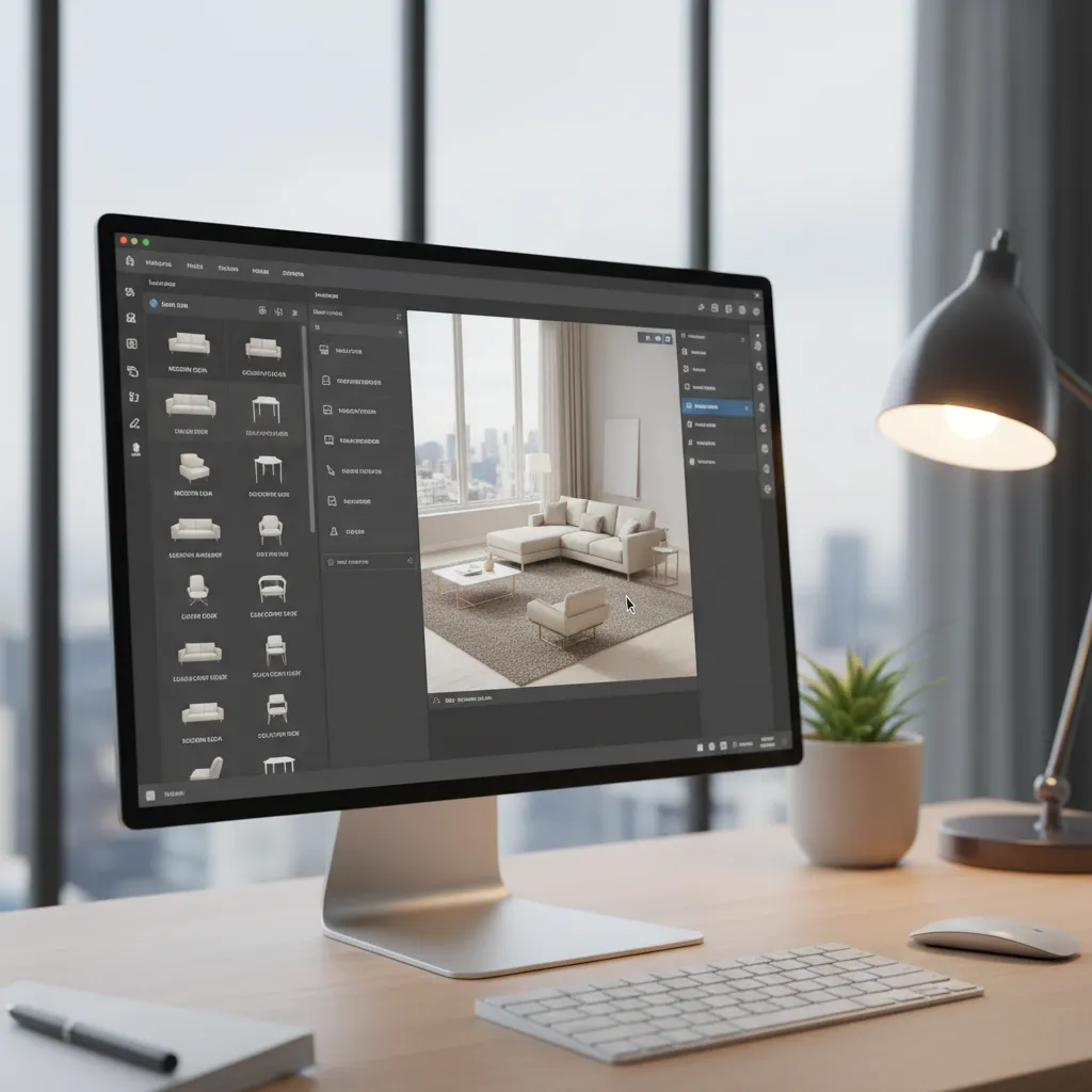 Interior design software furniture library panel with multiple furniture models ready to drag into a room layout