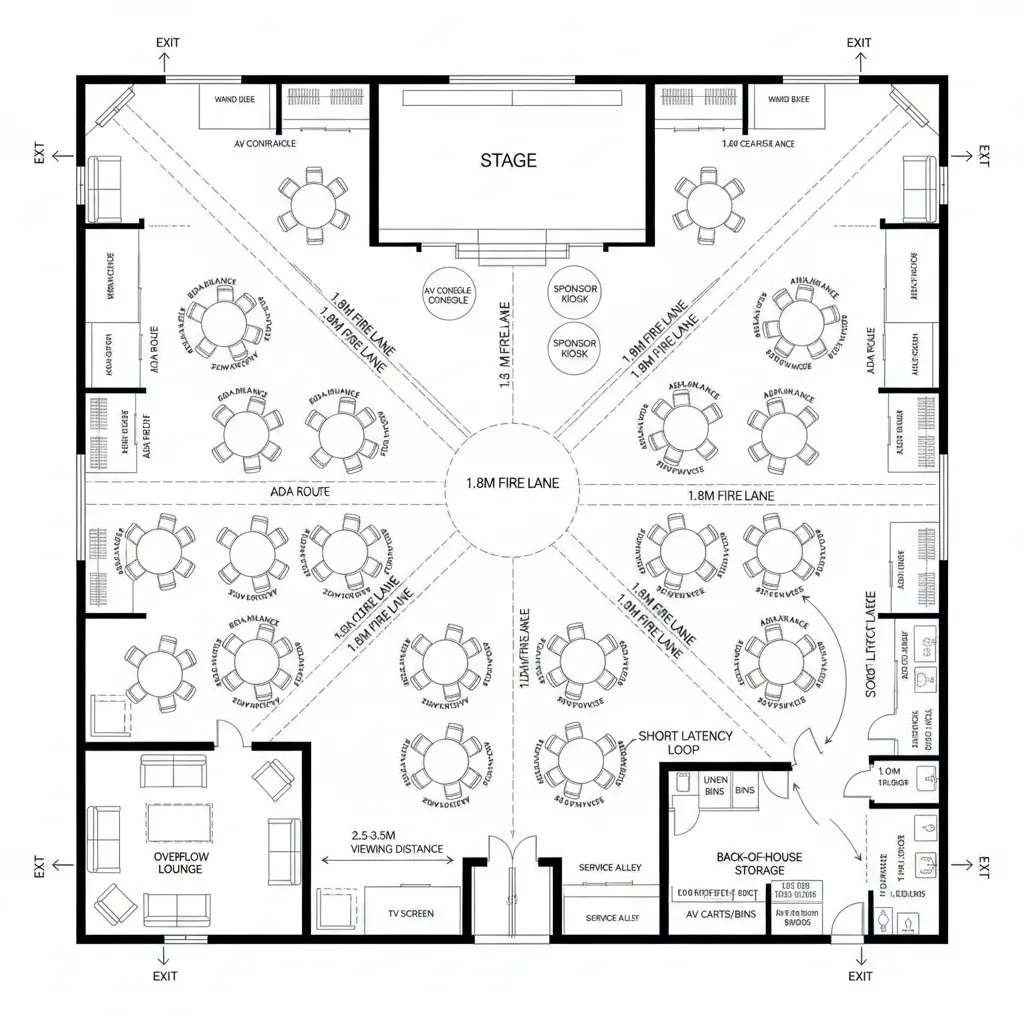 Top-down hybrid banquet grid with stage, aisles, and modular seating clusters