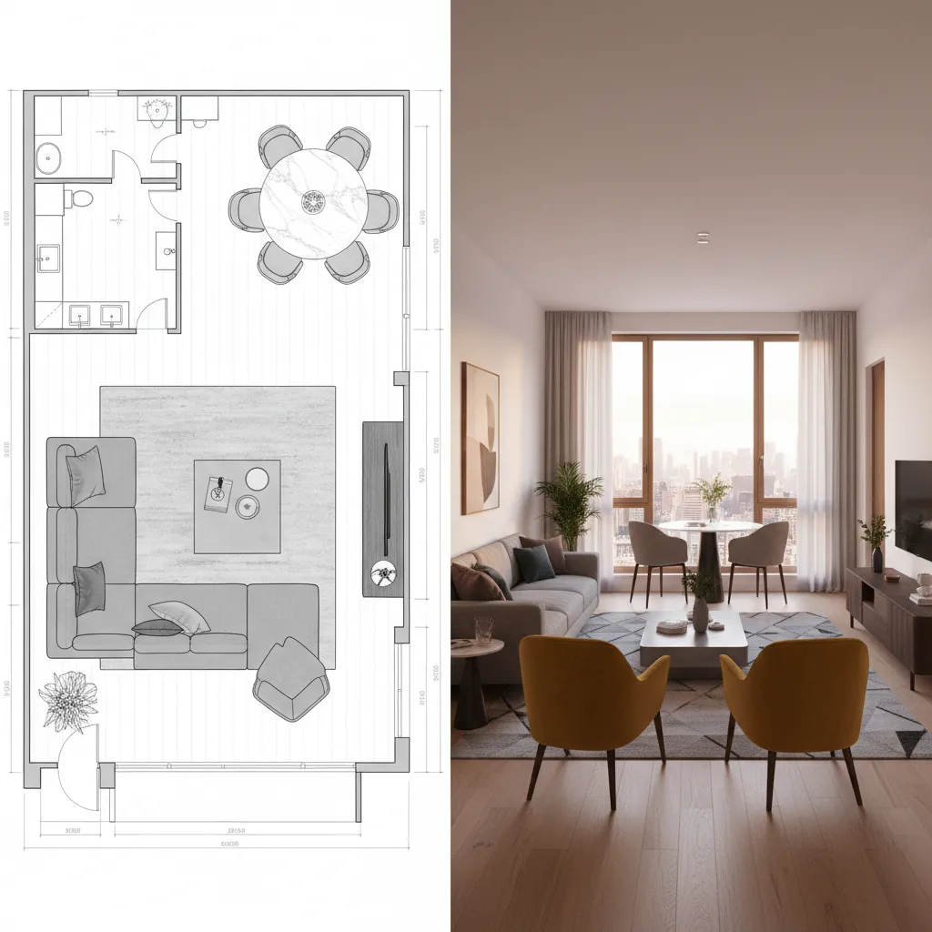 Interior design workflow showing transition from floor plan to 3D render using Coohom
