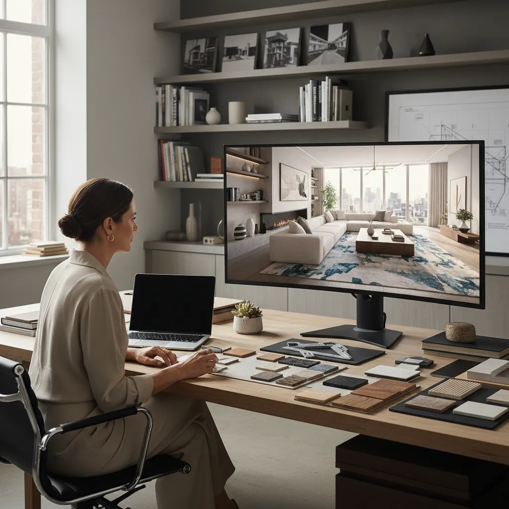 interior designer reviewing rendered living room scene on computer screen