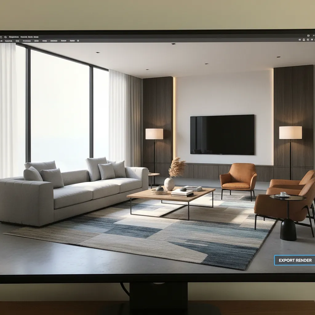High quality interior render export screen showing finished photorealistic living room visualization