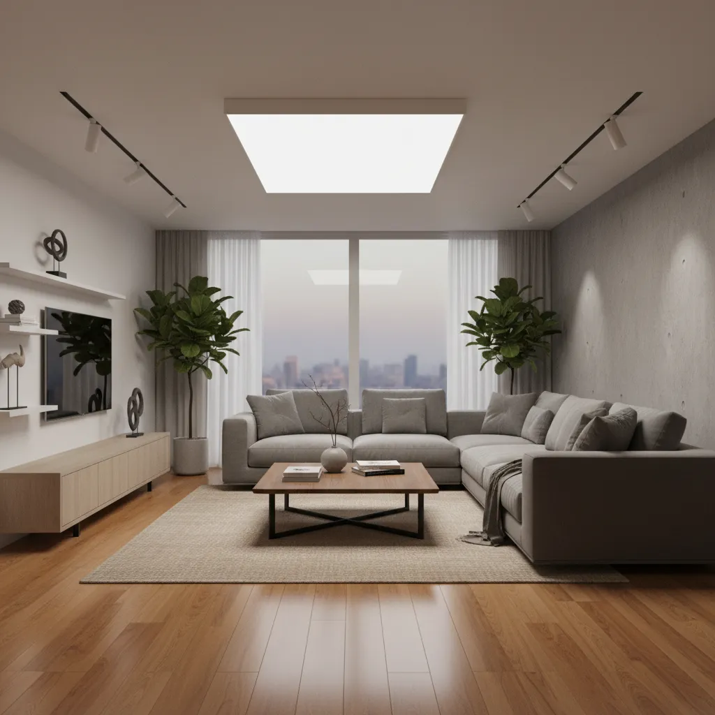 3D interior rendering scene showing lighting and material setup before final render
