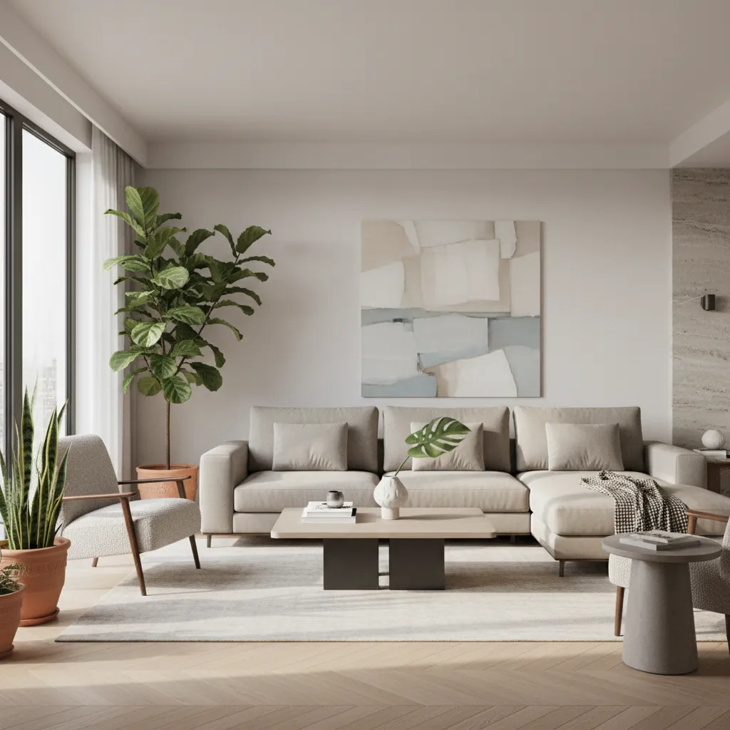 interior design workspace scene showing 3D living room render setup with lighting and furniture