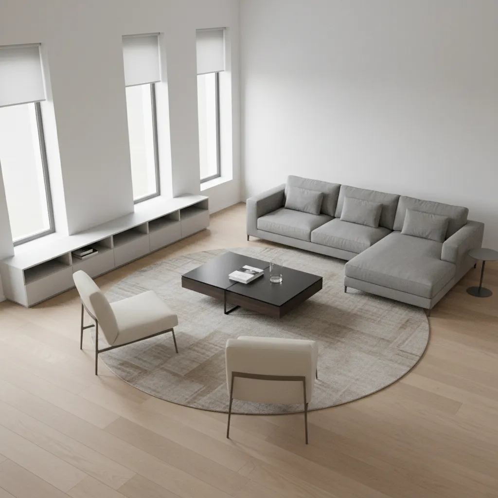Interior layout planning with furniture placement for a room 3D render