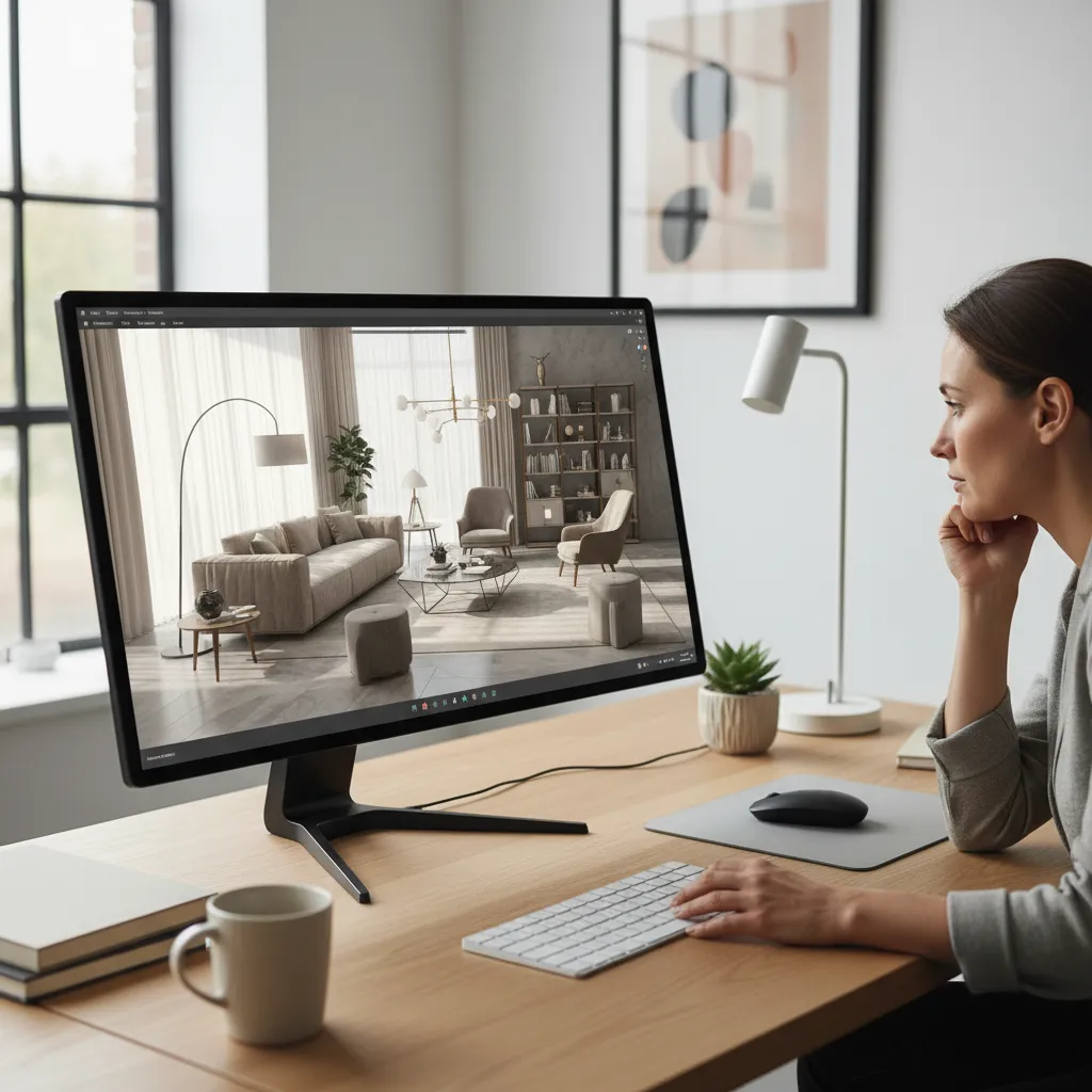 Interior design software running slowly on a laptop with complex 3D room scene visible