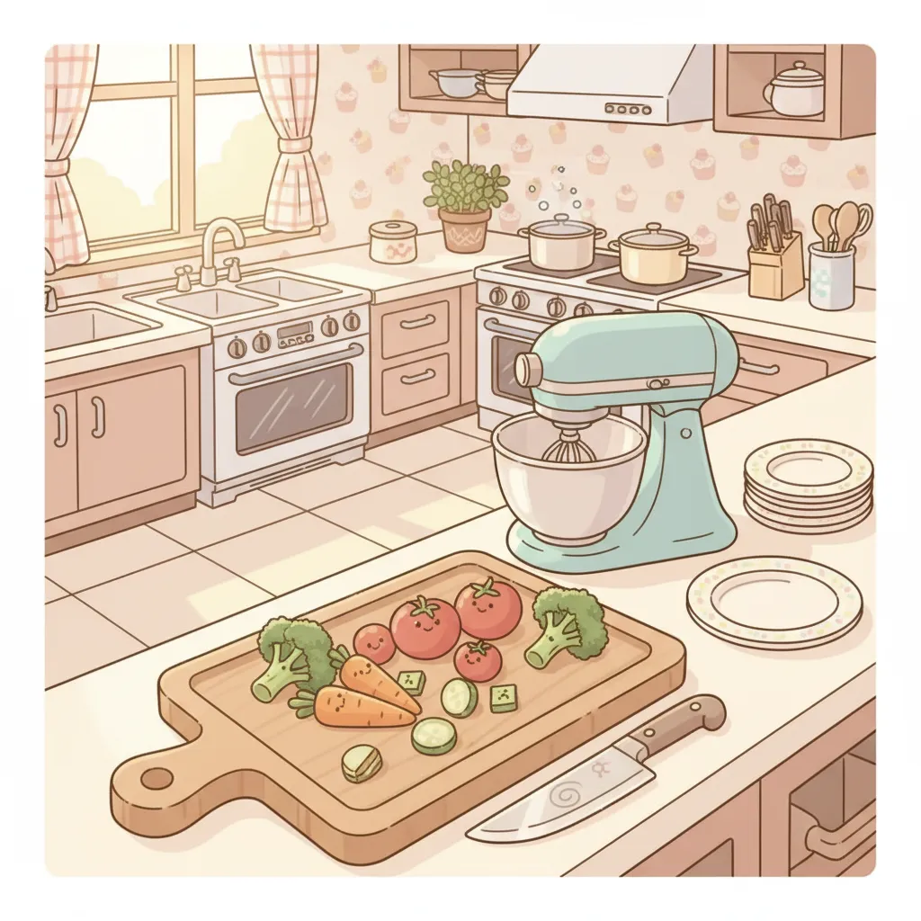 Colorful Cooking Mama style kitchen scene showing cooking preparation on a countertop