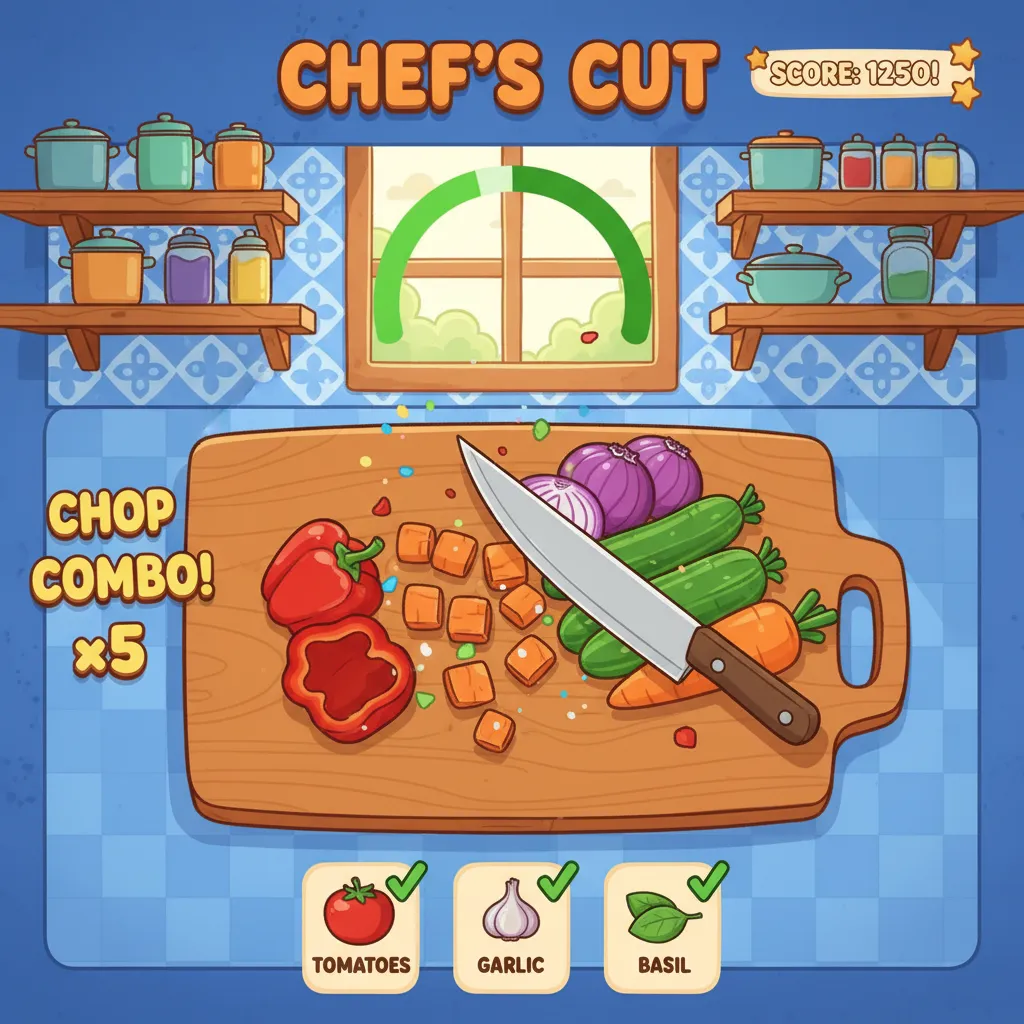 Cooking mini game chopping vegetables on cutting board in colorful kitchen interface