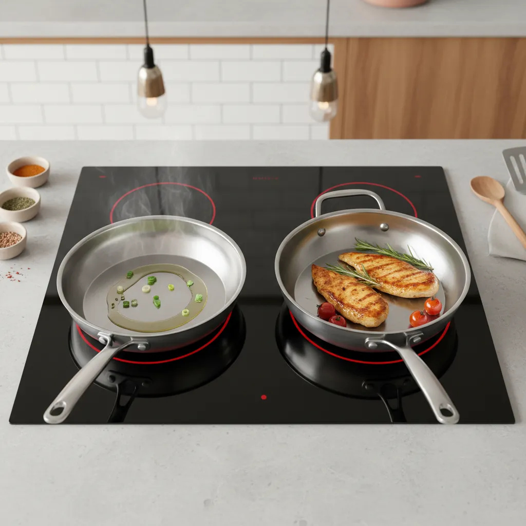 Budget vs premium cookware pans showing differences in heat distribution