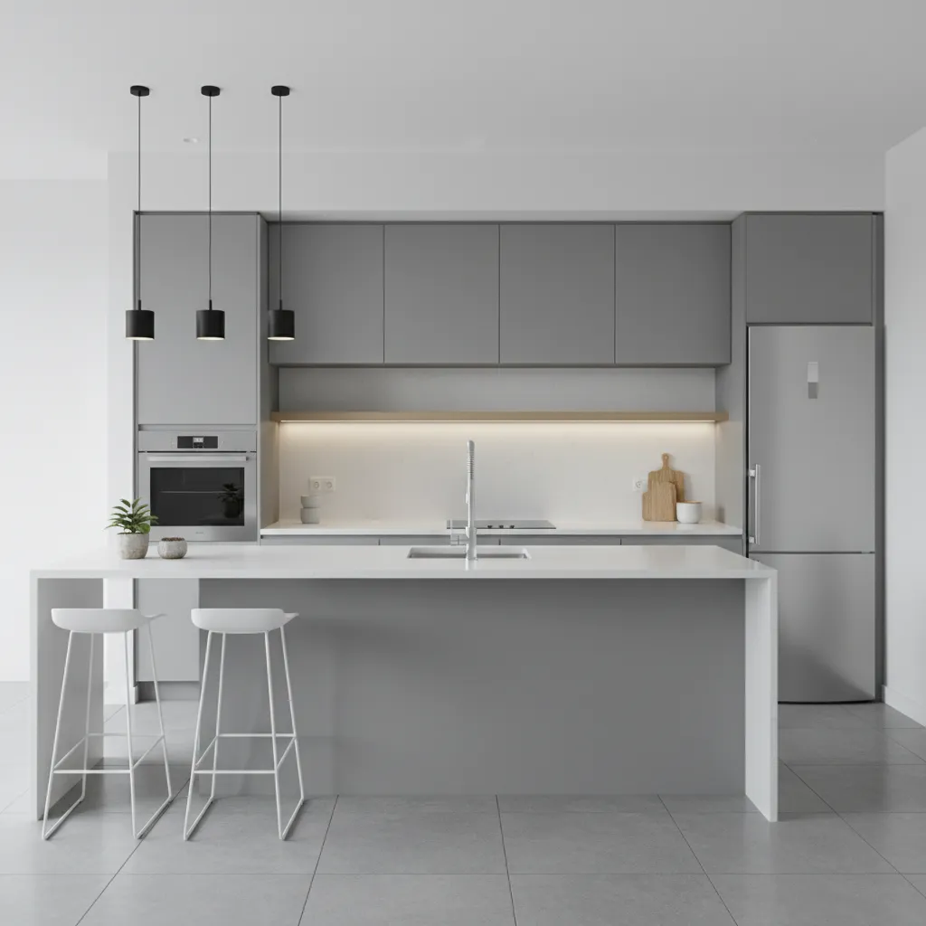 Cool toned gray kitchen with stainless steel appliances that feels visually cold