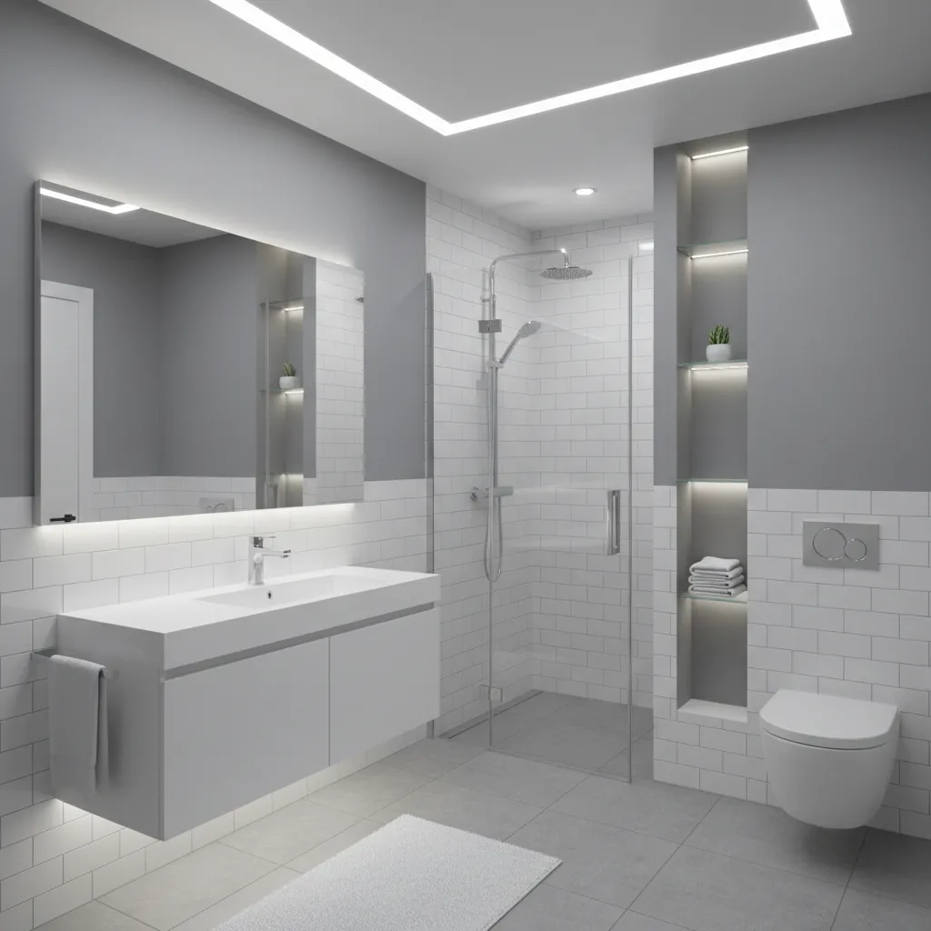 Modern small bathroom with cool gray walls white tile and chrome fixtures
