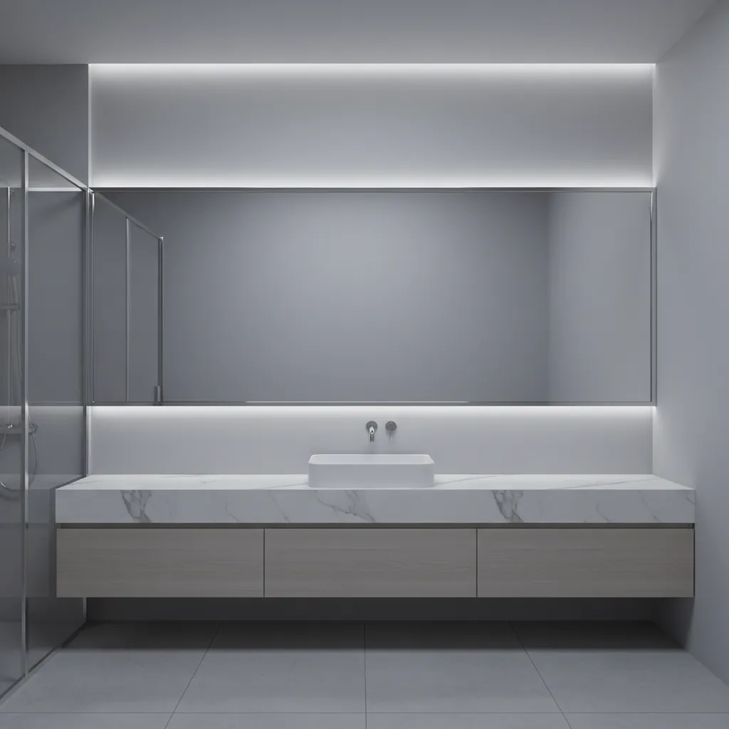 Modern bathroom with cool gray walls white marble and chrome fixtures
