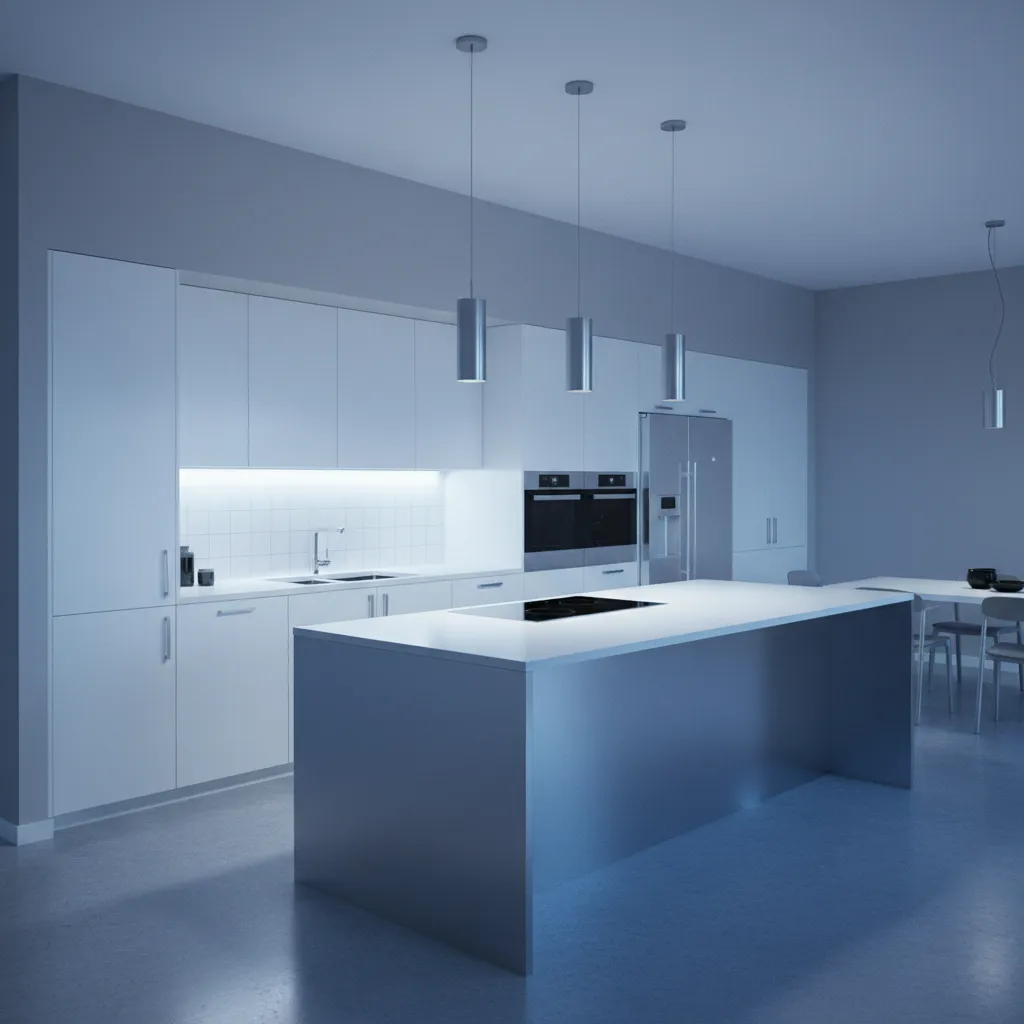 Kitchen showing cool gray walls contrasting with white cabinets
