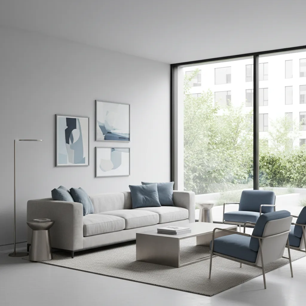 light grey living room with dusty blue accents and modern furniture