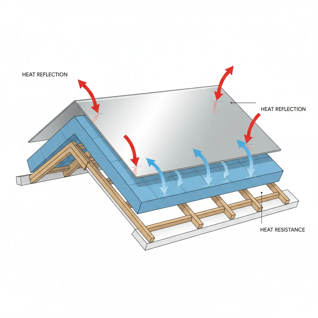 roof structure diagram showing reflective coating insulation and heat flow reduction