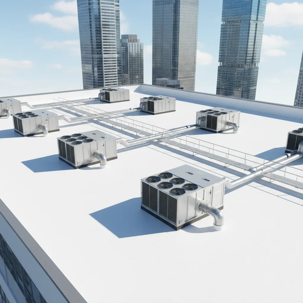 reflective white cool roof coating on a flat commercial building under bright sunlight