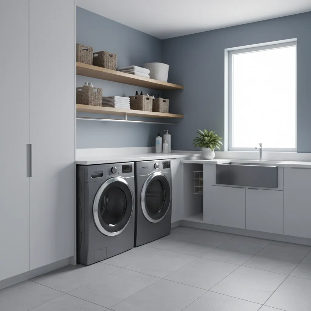 Modern laundry room with blue walls grey washing machines white cabinets sink and wooden shelves