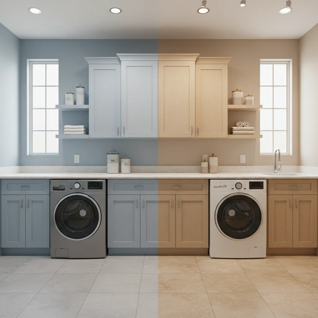 Split comparison of cool tone and warm tone paint colors in laundry rooms