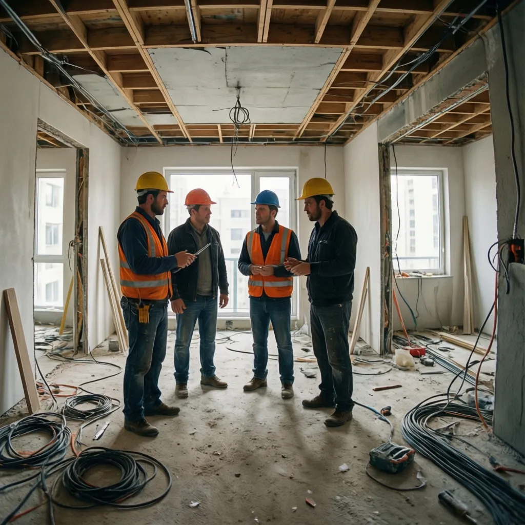 Equipo de obra coordinando instalaciones en un interior en reforma
