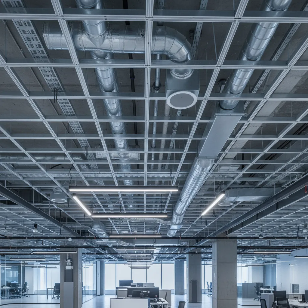 Modelo BIM mostrando coordinación entre iluminación, climatización y techo