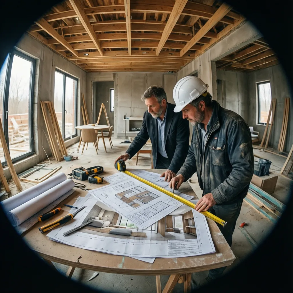 Diseñador revisando planos de interiorismo en una obra en construcción