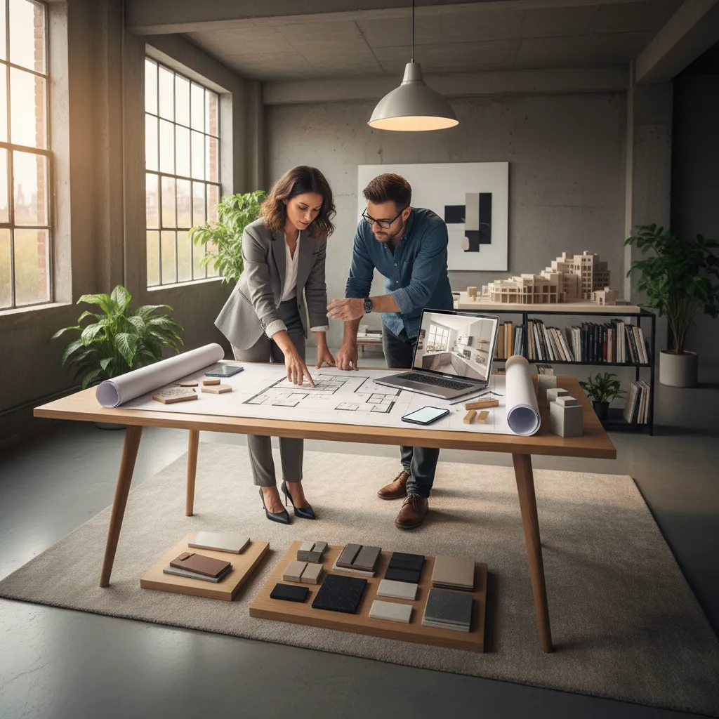 Man and woman discussing room layout on large table with paper floor plan and laptop