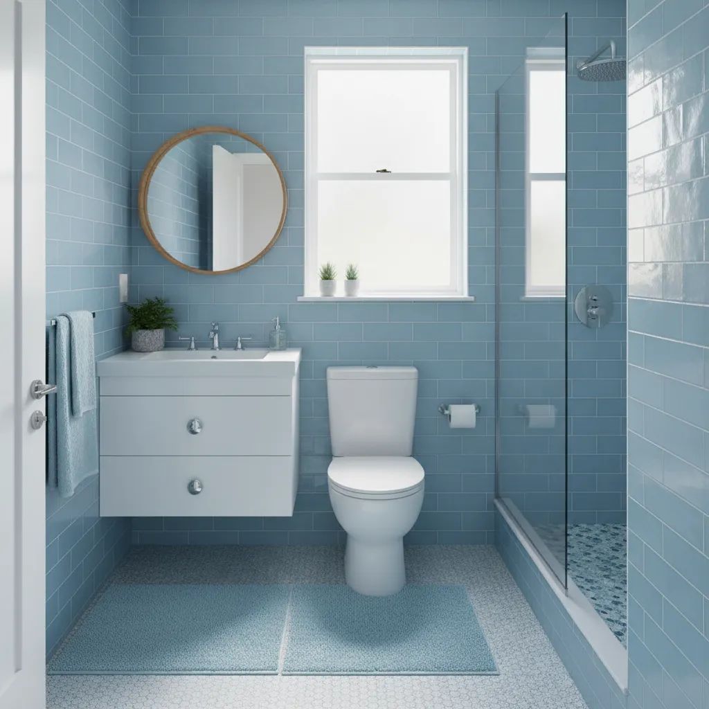 small bathroom with coordinated blue rug set creating visual flow