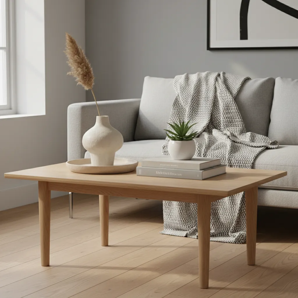coffee table styled with tray vase books and throw creating cohesive decor look
