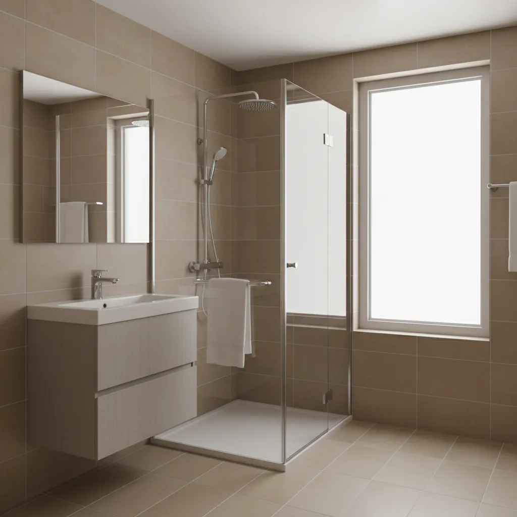 Bathroom design with chrome faucet towel bars and shower fixtures