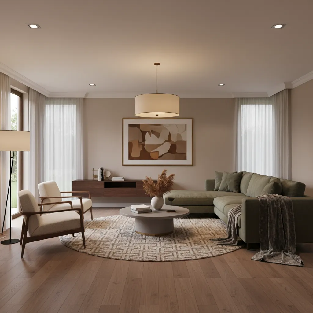 Interior design showing coordinated laminate flooring with warm wall colors and furniture