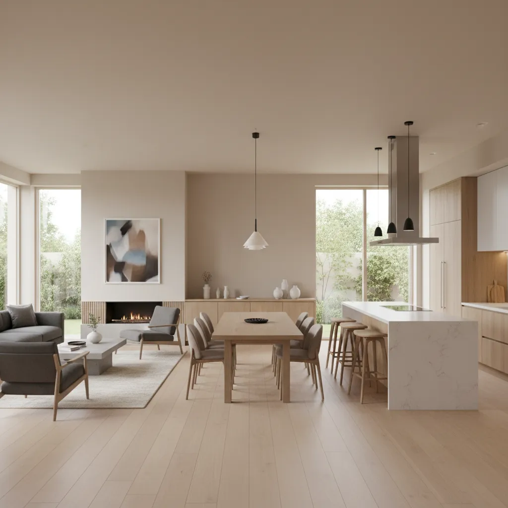 open concept home showing coordinated color palette across living room dining and kitchen