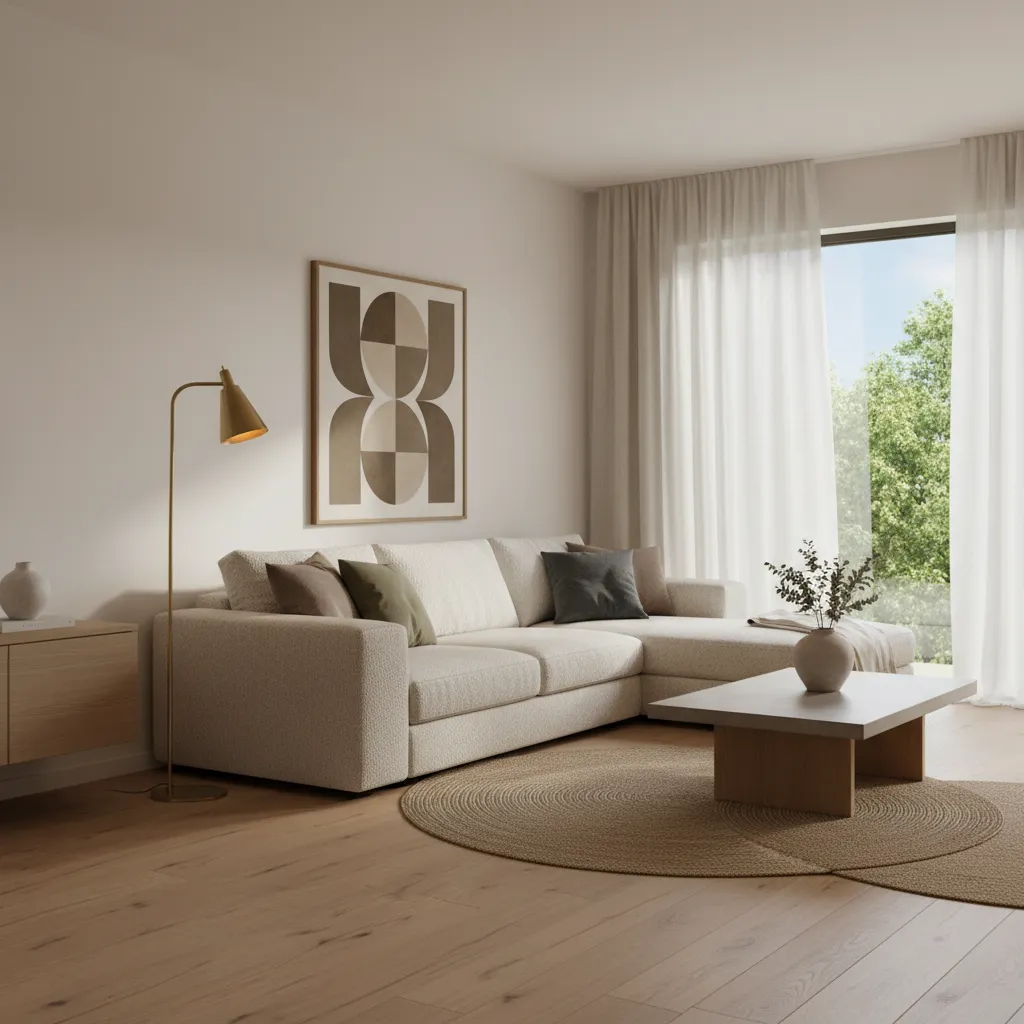 Modern living room showing coordinated flooring, wall color, furniture, and lighting finishes
