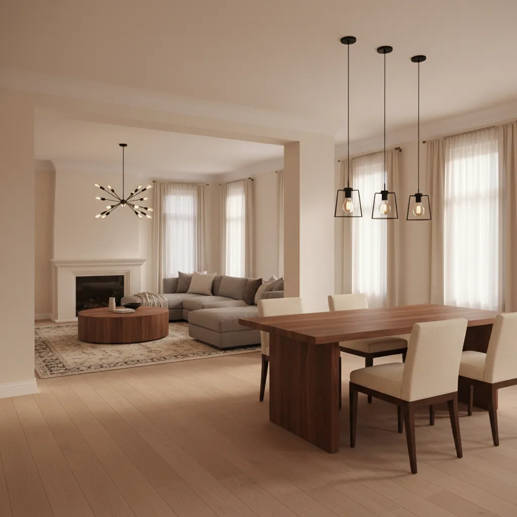 Dining and den spaces using repeated wood tones and metal finishes