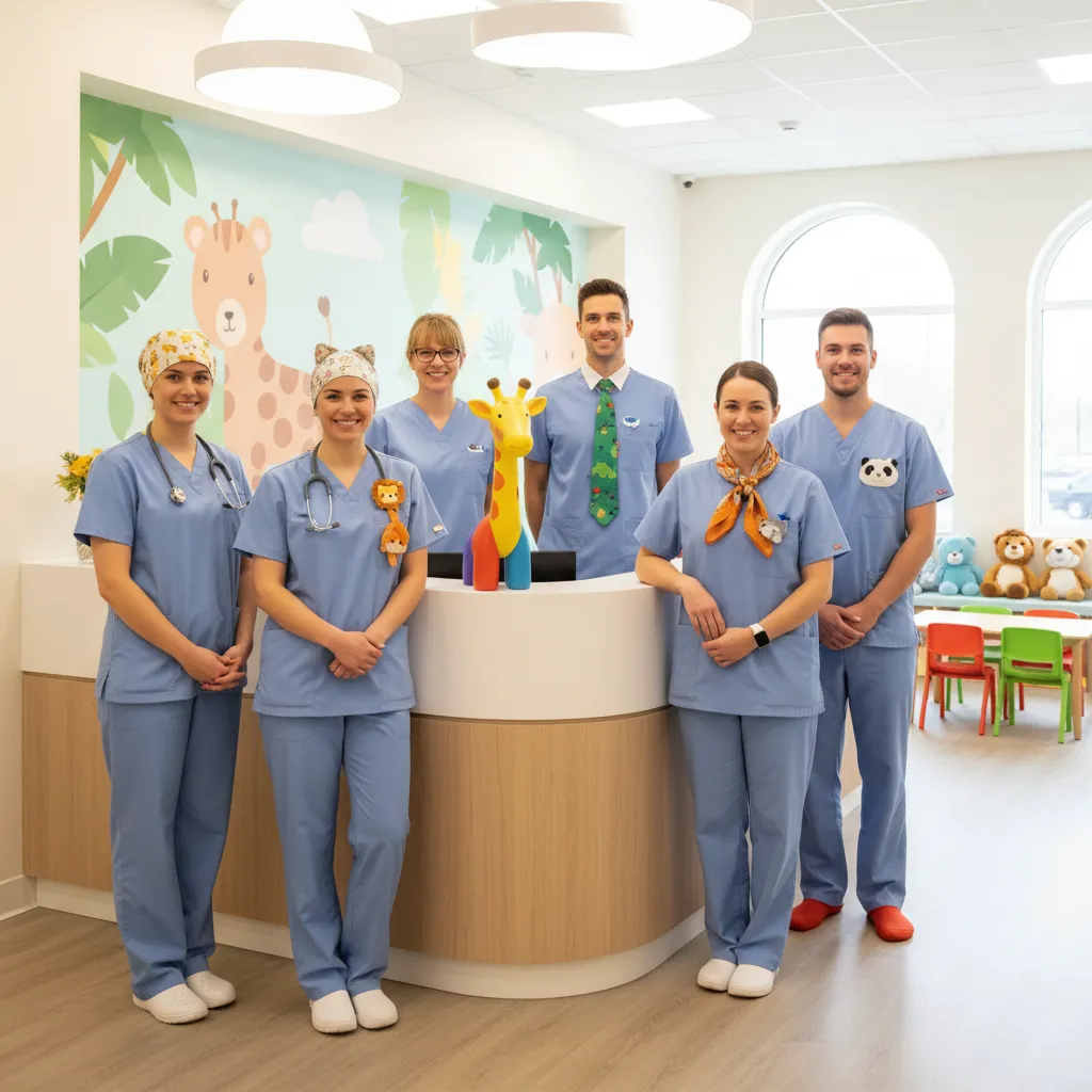 pediatric clinic staff wearing coordinated animal themed halloween accessories