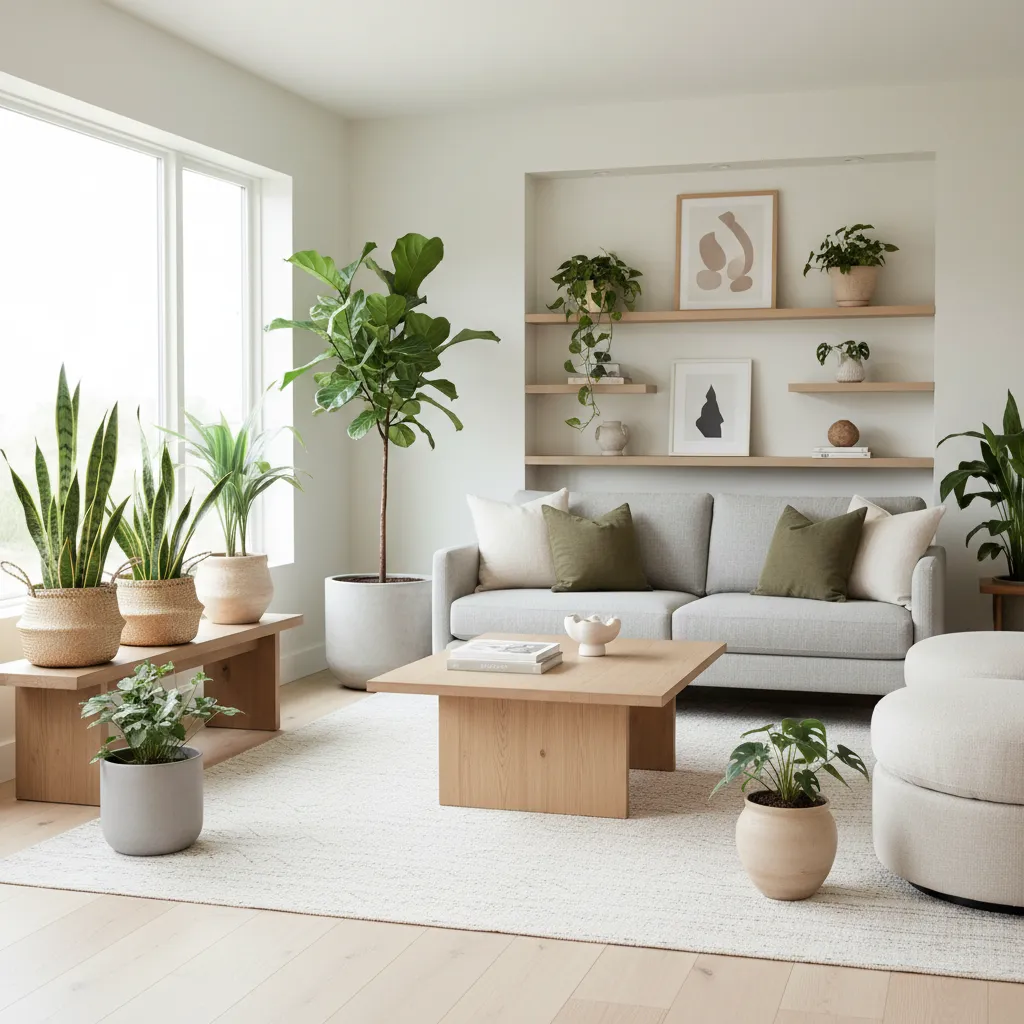 Conjunto de macetas coordinadas en un salón moderno