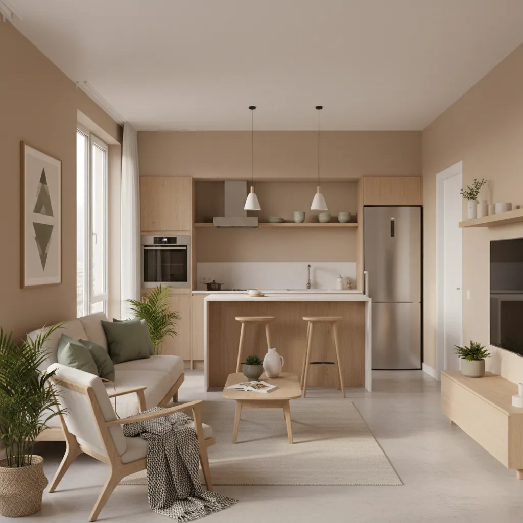 small home interior showing coordinated sage green accents and neutral walls