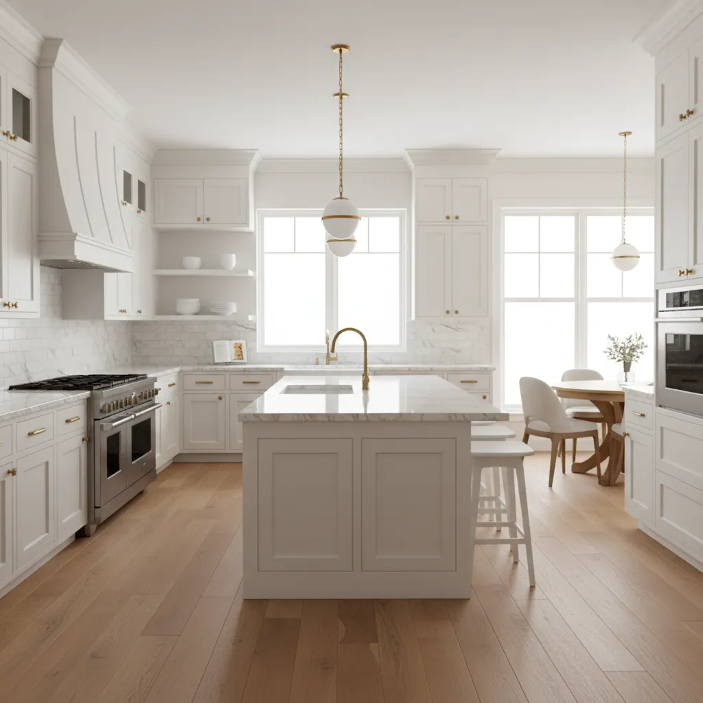 White kitchen cabinets coordinated with marble countertop and wood flooring