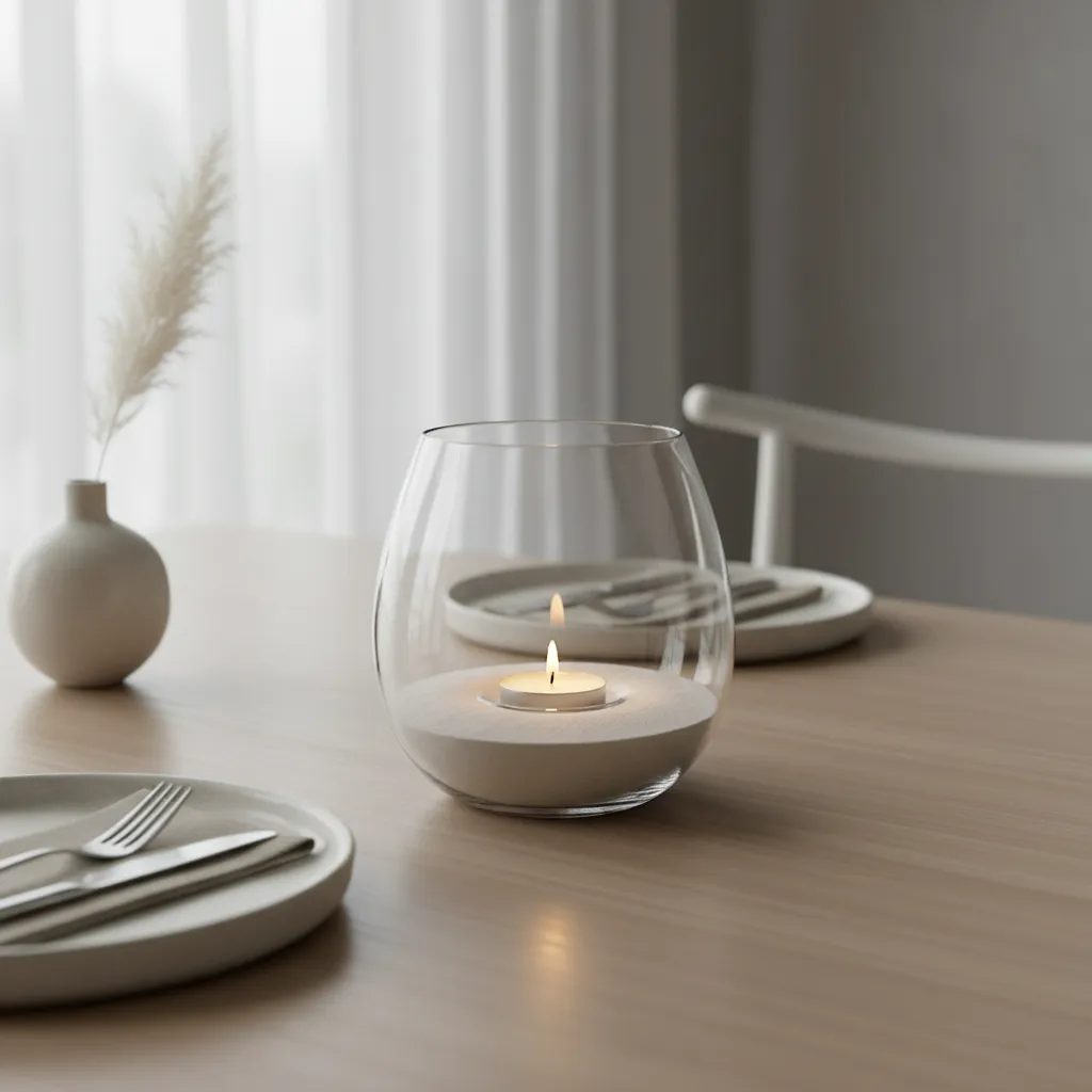 Copa de cristal con decoración minimalista de arena blanca y vela