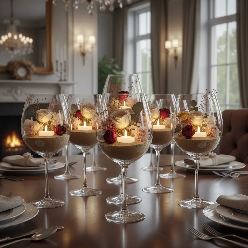 Varias copas de cristal decoradas utilizadas como centro de mesa