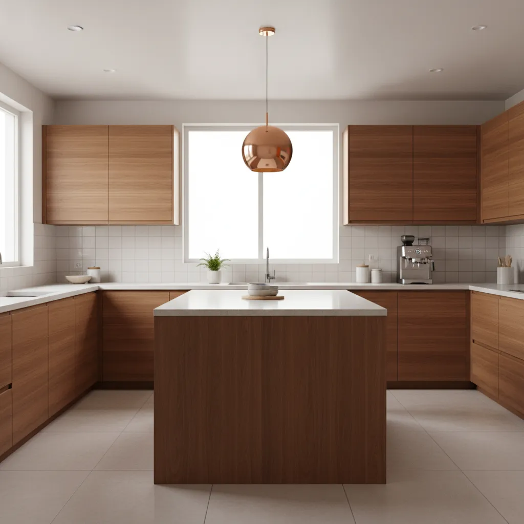 Copper pendant lighting accent in a mid century modern kitchen